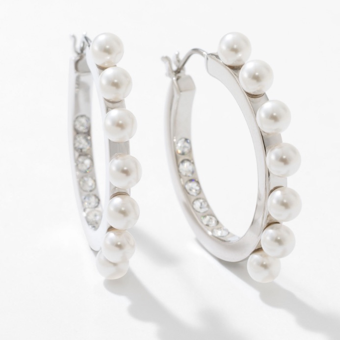 White Pearl And Crystal Hoop Earrings 79$
